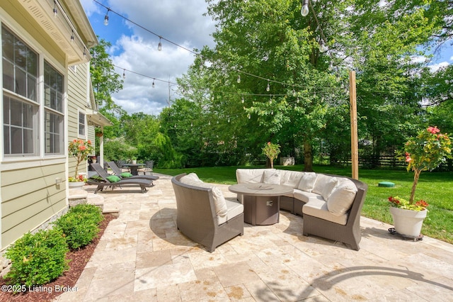 801 Shady Ln, Anchorage, KY 40223 - view of patio / terrace with an outdoor living space with a fire pit and view of wooded area
