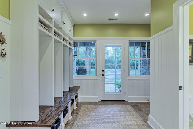 801 Shady Ln, Anchorage, KY 40223 - mudroom featuring a decorative wall, dark stone finish floors, and recessed lighting