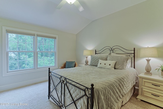 801 Shady Ln, Anchorage, KY 40223 - bedroom with light carpet, vaulted ceiling, baseboards, and a ceiling fan