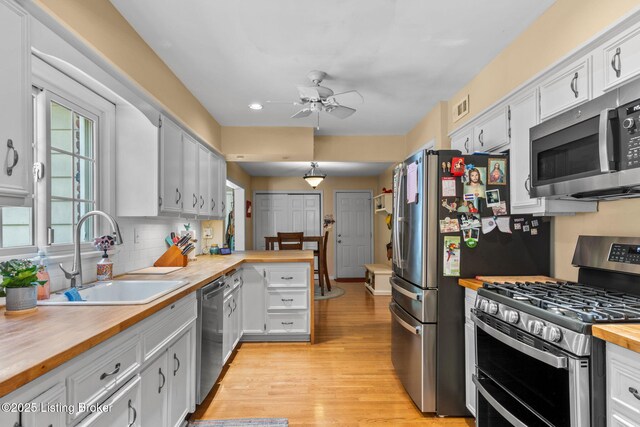3711 Quail Hollow Ct, Louisville, KY 40241 - kitchen with appliances with stainless steel finishes, butcher block counters, a sink, a ceiling fan, and light wood-style flooring