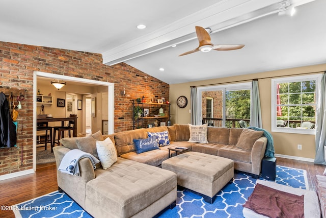 3711 Quail Hollow Ct, Louisville, KY 40241 - living room with brick wall, wood finished floors, baseboards, and a ceiling fan