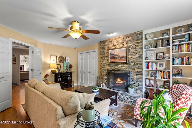 3711 Quail Hollow Ct, Louisville, KY 40241 - living room with ceiling fan, a fireplace, and wood finished floors