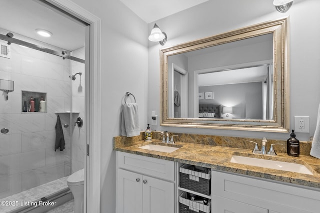 3711 Quail Hollow Ct, Louisville, KY 40241 - full bathroom featuring a shower stall, double vanity, and toilet