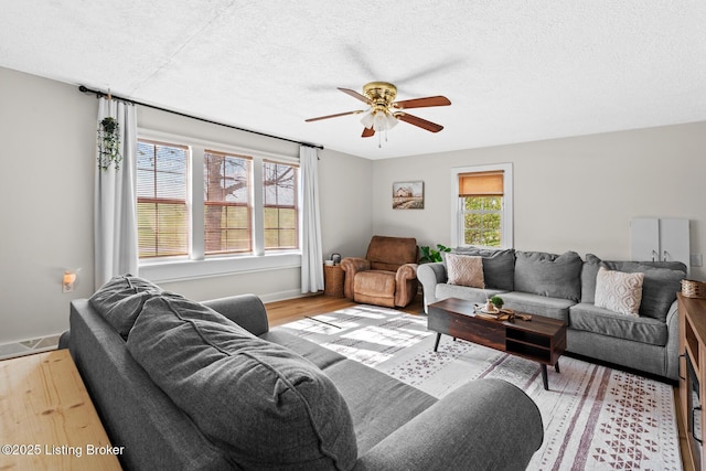 224 Murphy Ln, Bloomfield, KY 40008 - living room with a ceiling fan, wood finished floors, a textured ceiling, and baseboards