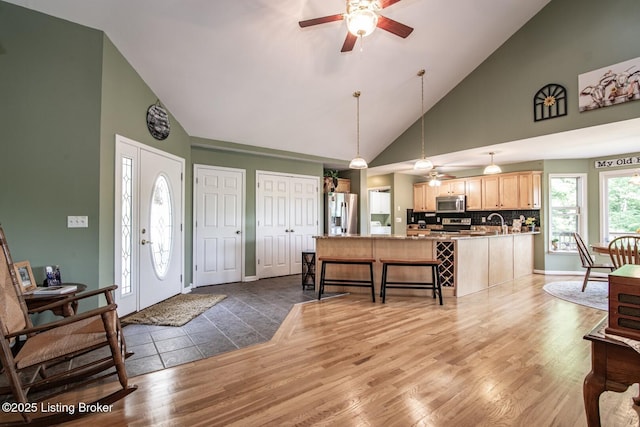 79 Ivy Ct, Brandenburg, KY 40108 - entrance foyer with a ceiling fan, high vaulted ceiling, dark wood-style flooring, and baseboards
