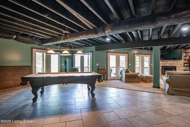 79 Ivy Ct, Brandenburg, KY 40108 - game room with a stone fireplace, billiards, and french doors