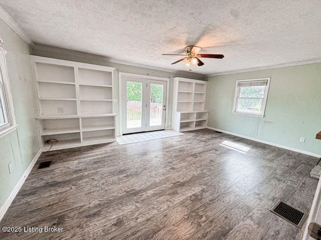 6302 Casper Dr, Louisville, KY 40258 - unfurnished living room featuring a textured ceiling, wood finished floors, ceiling fan, crown molding, and baseboards