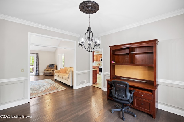 4424 Grand Cir, Crestwood, KY 40014 - office area featuring a chandelier, dark wood-style flooring, crown molding, a wainscoted wall, and vaulted ceiling