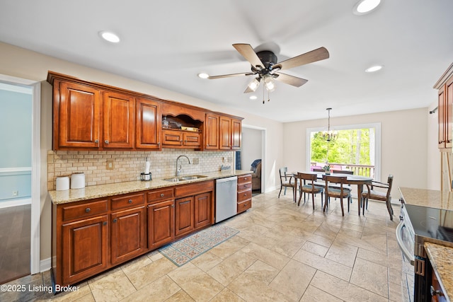 4424 Grand Cir, Crestwood, KY 40014 - kitchen featuring a sink, appliances with stainless steel finishes, backsplash, ceiling fan, and baseboards