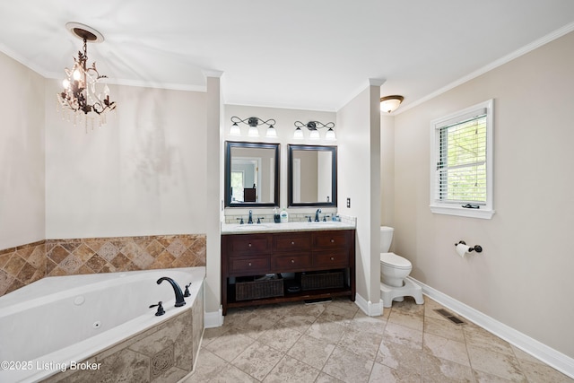 4424 Grand Cir, Crestwood, KY 40014 - full bath featuring ornamental molding, a tub with jets, baseboards, double vanity, and toilet