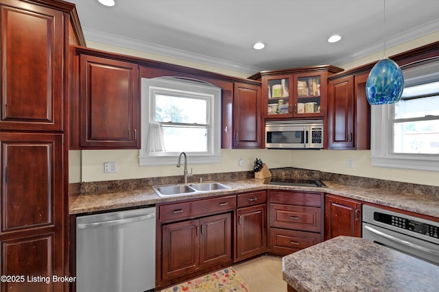 1433 Indiana Ave, Louisville, KY 40213 - kitchen with appliances with stainless steel finishes, a sink, healthy amount of natural light, ornamental molding, and reddish brown cabinets