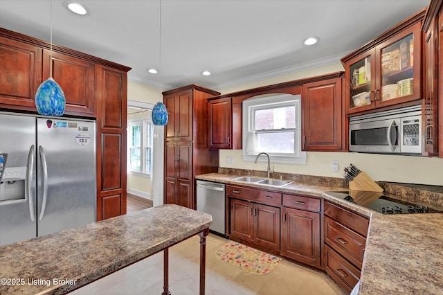 1433 Indiana Ave, Louisville, KY 40213 - kitchen with appliances with stainless steel finishes, a sink, ornamental molding, plenty of natural light, and glass insert cabinets