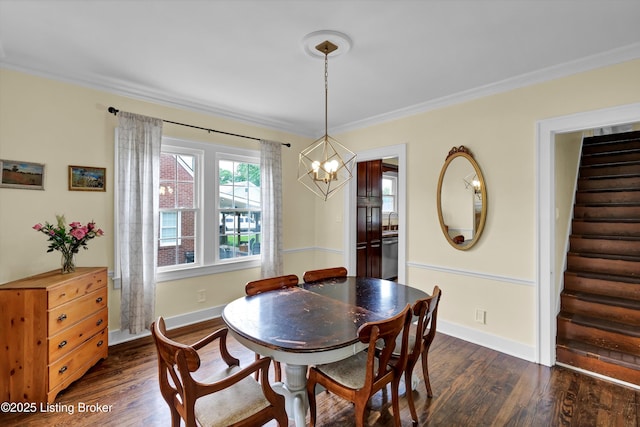 1433 Indiana Ave, Louisville, KY 40213 - dining space featuring a chandelier, dark wood-style flooring, stairs, baseboards, and ornamental molding
