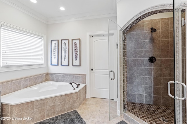 full bathroom with a stall shower, a bath, tile patterned flooring, crown molding, and recessed lighting