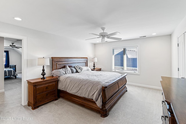 bedroom featuring light carpet, baseboards, recessed lighting, and a ceiling fan