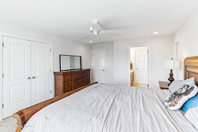 bedroom with a closet, recessed lighting, a ceiling fan, and connected bathroom