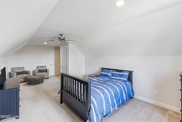 carpeted bedroom with vaulted ceiling, ceiling fan, baseboards, and recessed lighting