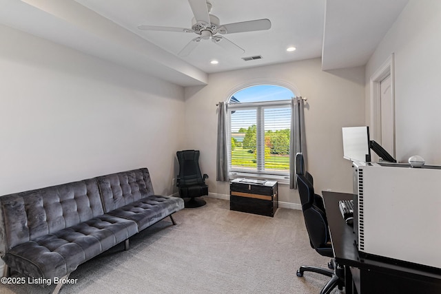 office area featuring carpet floors, a ceiling fan, baseboards, and recessed lighting