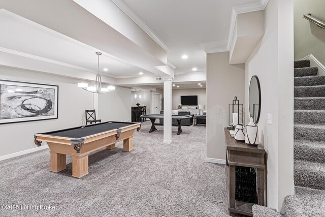 recreation room featuring carpet floors, ornamental molding, pool table, recessed lighting, and baseboards
