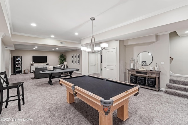 rec room featuring carpet flooring, crown molding, baseboards, recessed lighting, and billiards
