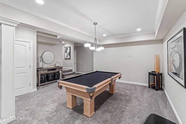 recreation room with carpet floors, recessed lighting, billiards, baseboards, and ornamental molding