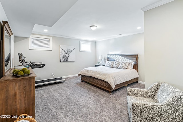 bedroom with ornamental molding, carpet, baseboards, and recessed lighting