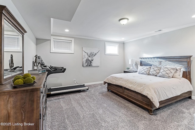 bedroom featuring carpet, crown molding, baseboards, and recessed lighting