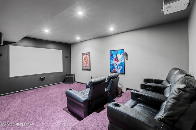 cinema room with carpet flooring and recessed lighting