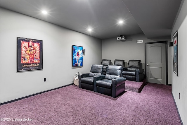 carpeted home theater featuring recessed lighting and baseboards