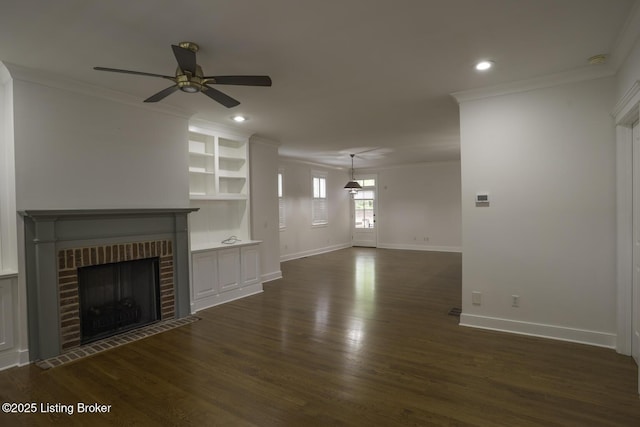 895 Woodlawn Rd Unit 2, Bardstown, KY 40004 - unfurnished living room with crown molding, a ceiling fan, a brick fireplace, baseboards, and dark wood finished floors