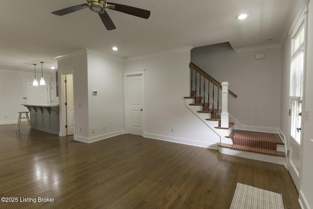 895 Woodlawn Rd Unit 2, Bardstown, KY 40004 - unfurnished living room with dark wood-style flooring, a ceiling fan, ornamental molding, stairway, and baseboards