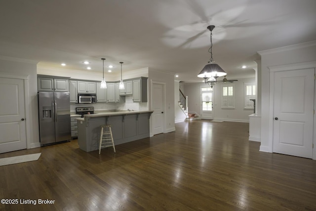 895 Woodlawn Rd Unit 2, Bardstown, KY 40004 - kitchen with stainless steel appliances, ornamental molding, a chandelier, recessed lighting, and gray cabinetry