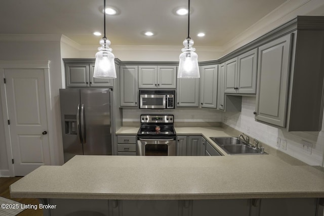 895 Woodlawn Rd Unit 2, Bardstown, KY 40004 - kitchen with stainless steel appliances, gray cabinetry, ornamental molding, a sink, and a peninsula