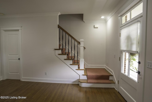 895 Woodlawn Rd Unit 2, Bardstown, KY 40004 - staircase featuring ornamental molding, wood finished floors, baseboards, and recessed lighting