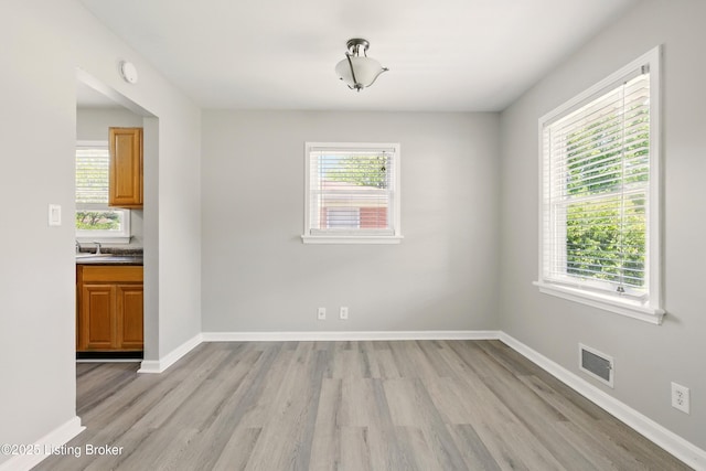 2410 Waco Ct, Louisville, KY 40216 - unfurnished dining area featuring light wood-style floors, healthy amount of natural light, baseboards, and a sink
