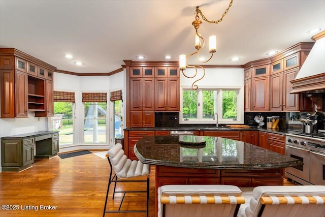 11308 Bodley Dr, Louisville, KY 40223 - kitchen with stainless steel appliances, a sink, premium range hood, decorative backsplash, and recessed lighting