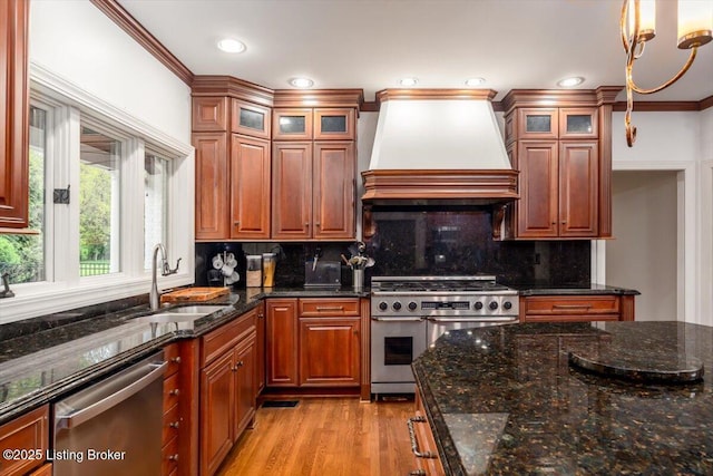 11308 Bodley Dr, Louisville, KY 40223 - kitchen featuring stainless steel appliances, a sink, custom exhaust hood, backsplash, and glass insert cabinets