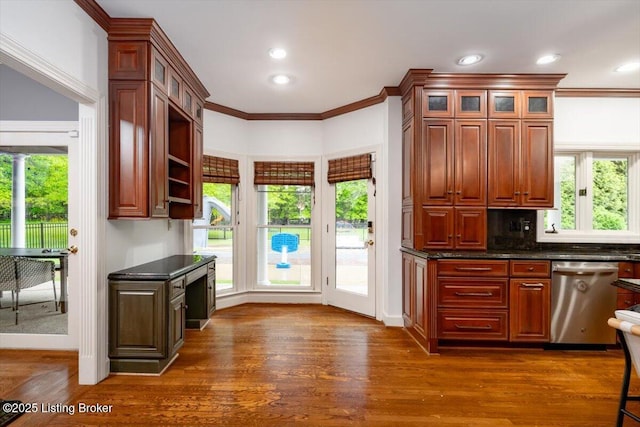 11308 Bodley Dr, Louisville, KY 40223 - kitchen featuring stainless steel dishwasher, dark wood finished floors, glass insert cabinets, crown molding, and decorative backsplash