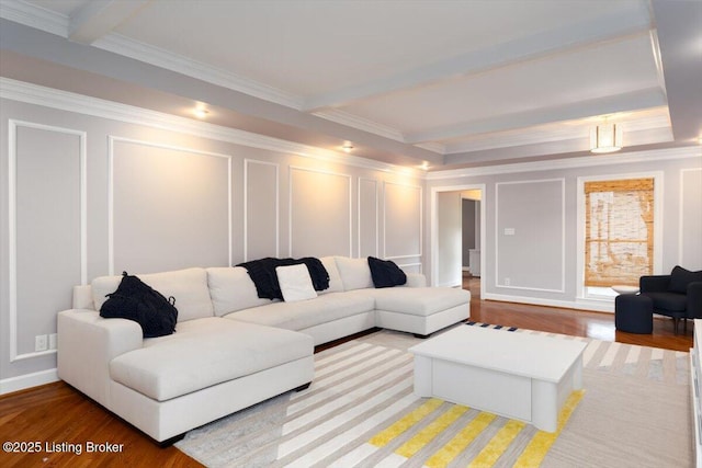 11308 Bodley Dr, Louisville, KY 40223 - living room featuring a decorative wall, ornamental molding, light wood-type flooring, and beam ceiling