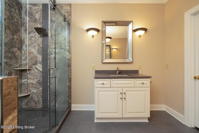 11308 Bodley Dr, Louisville, KY 40223 - full bathroom with tile patterned flooring, vanity, a shower stall, and baseboards