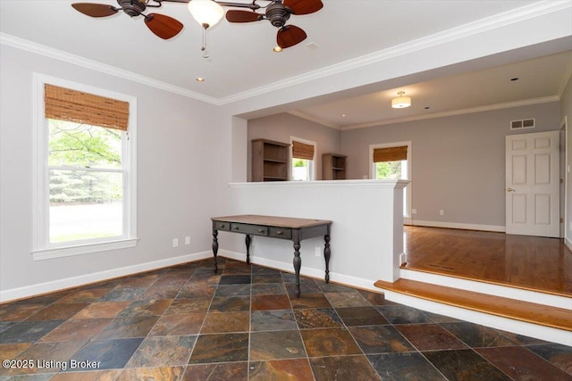 11308 Bodley Dr, Louisville, KY 40223 - unfurnished room with ceiling fan, baseboards, crown molding, and stone finish flooring
