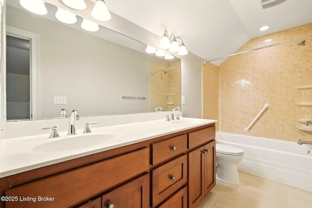 9144 Cranesbill Trce, Prospect, KY 40059 - full bathroom featuring  shower combination, toilet, tile patterned floors, double vanity, and lofted ceiling
