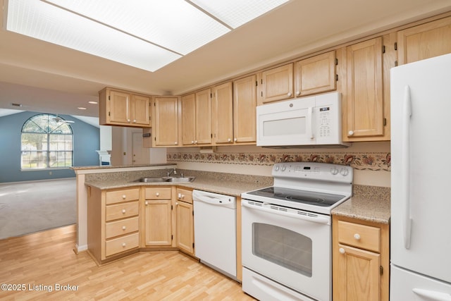 3010 Graystone Manor Pkwy, Louisville, KY 40241 - kitchen with white appliances, light brown cabinetry, light wood finished floors, and lofted ceiling