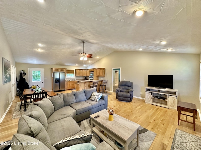 744 Bear Creek Rd, Leitchfield, KY 42754 - living area featuring lofted ceiling, light wood-style floors, ceiling fan, baseboards, and recessed lighting