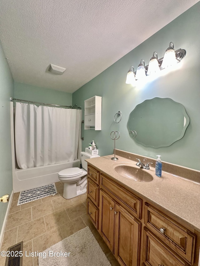 744 Bear Creek Rd, Leitchfield, KY 42754 - bathroom with toilet, vanity, a textured ceiling, and shower / bath combination with curtain