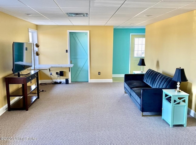 744 Bear Creek Rd, Leitchfield, KY 42754 - living area featuring baseboards, light colored carpet, and a drop ceiling
