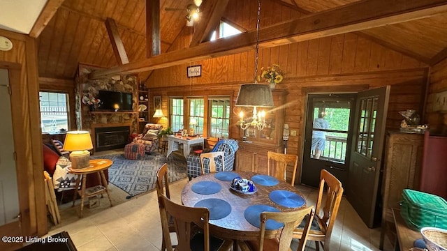 403 Timberlake Ln, Mcdaniels, KY 40152 - dining space with wood walls, a fireplace, light tile patterned floors, healthy amount of natural light, and high vaulted ceiling