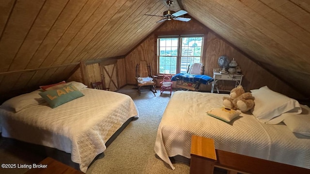 403 Timberlake Ln, Mcdaniels, KY 40152 - carpeted bedroom with vaulted ceiling, wood walls, ceiling fan, and wooden ceiling