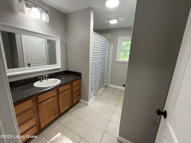 117 Northridge Dr, Bedford, KY 40006 - full bathroom with baseboards, vanity, tile patterned floors, and a shower with curtain