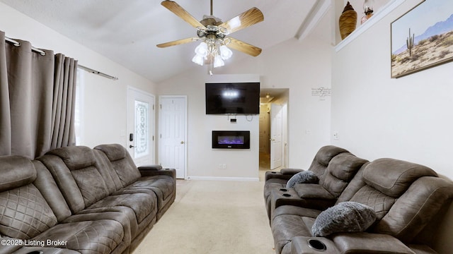 11404 Reality Trl, Louisville, KY 40229 - living area with lofted ceiling, light carpet, ceiling fan, a glass covered fireplace, and baseboards